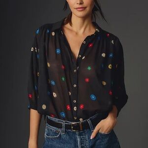 MOTHER Black Sheer Blouse with Colorful Floral Accents